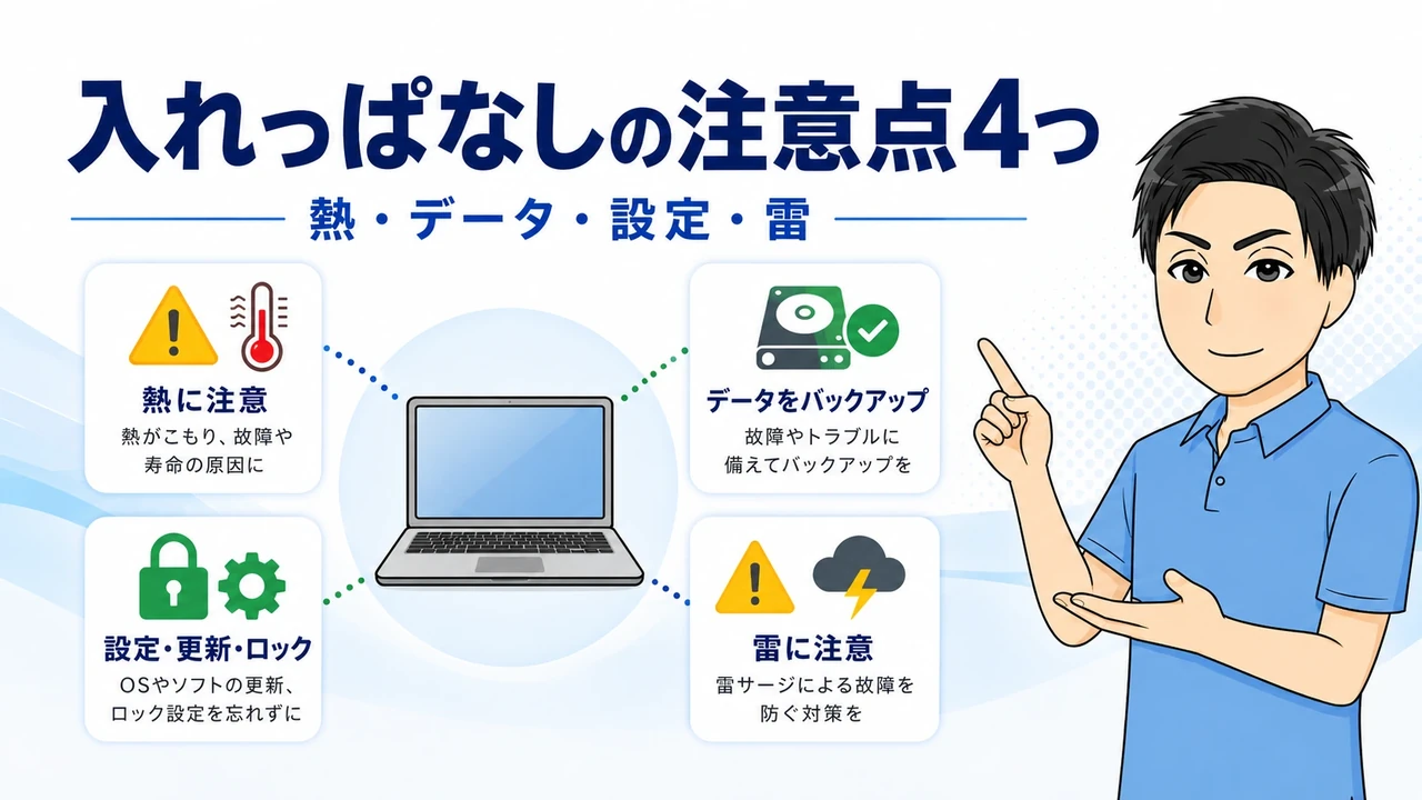 パソコンを入れっぱなしにする際の4つの注意点の図