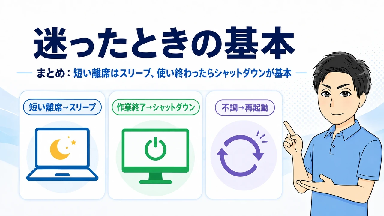 スリープ・シャットダウン・再起動の基本的な選び方のまとめ図