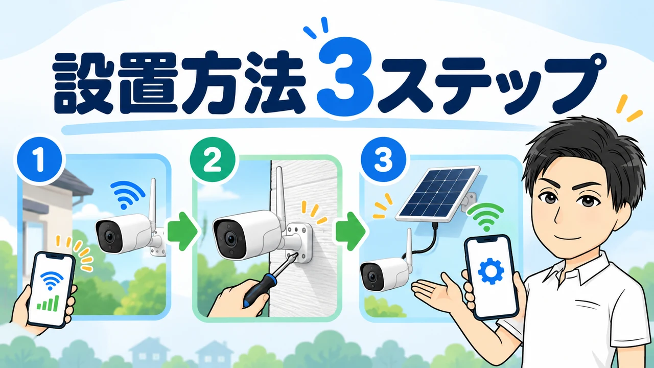 eufyCam S4の設置方法3ステップを案内する画像