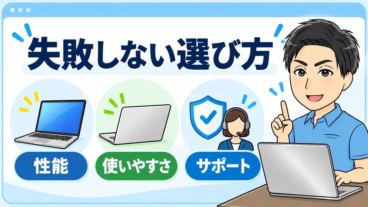 パソコン初心者が失敗しないための選び方3選の内容を案内する画像