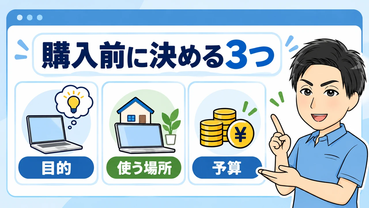 初めてパソコンを買う人が購入前に決めること3選の内容を案内する画像