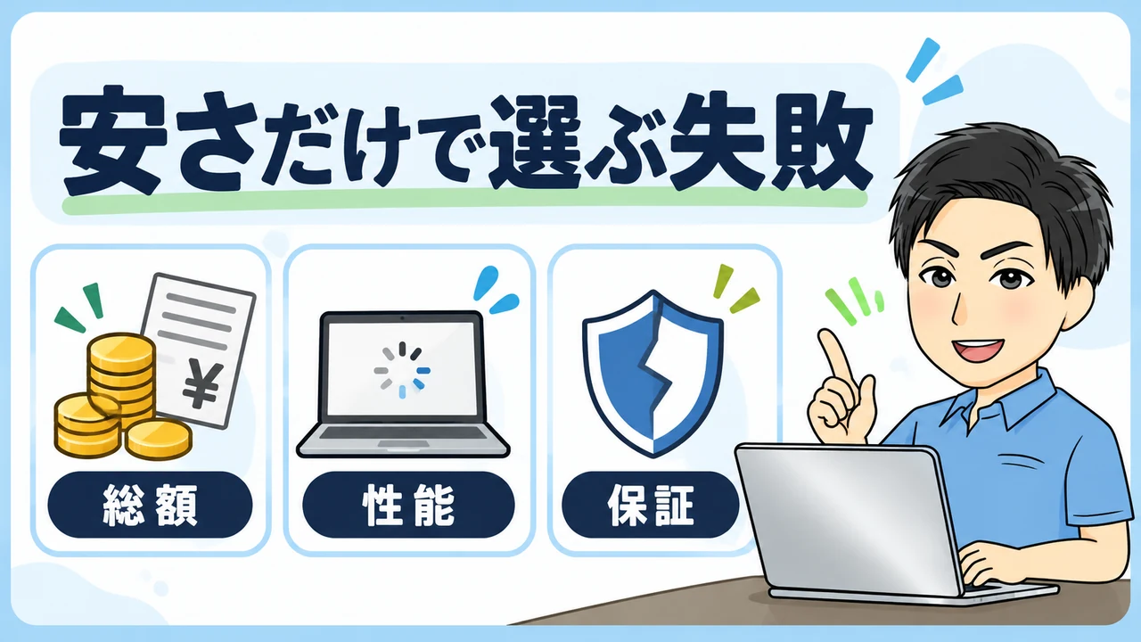 初心者がパソコンを安さだけで選んで後悔した失敗例3選の内容を案内する画像