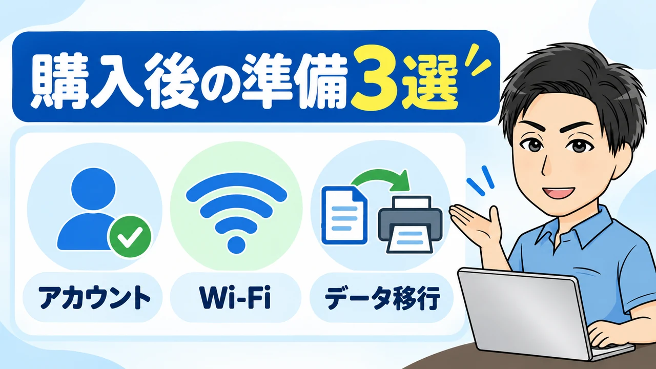 初めてパソコンを買うときに必要なものと初期設定3選の内容を案内する画像