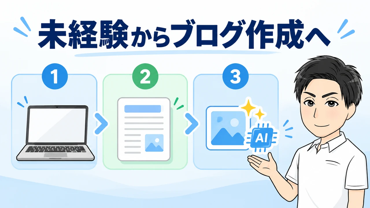 パソコン未経験からブログ作成へ進む3つのステップを示す画像