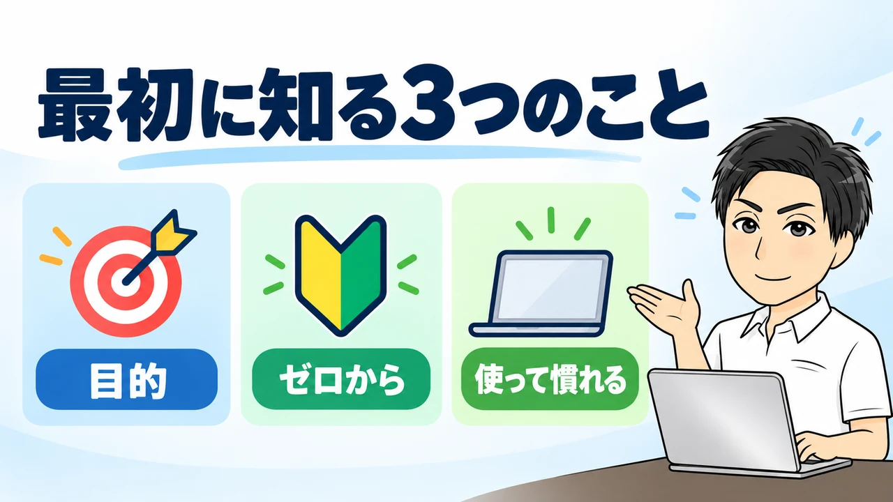 パソコン初心者が最初に知る3つの基礎知識を案内する画像