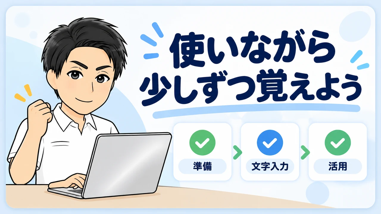 パソコンを実際に使いながら覚えることをまとめた画像