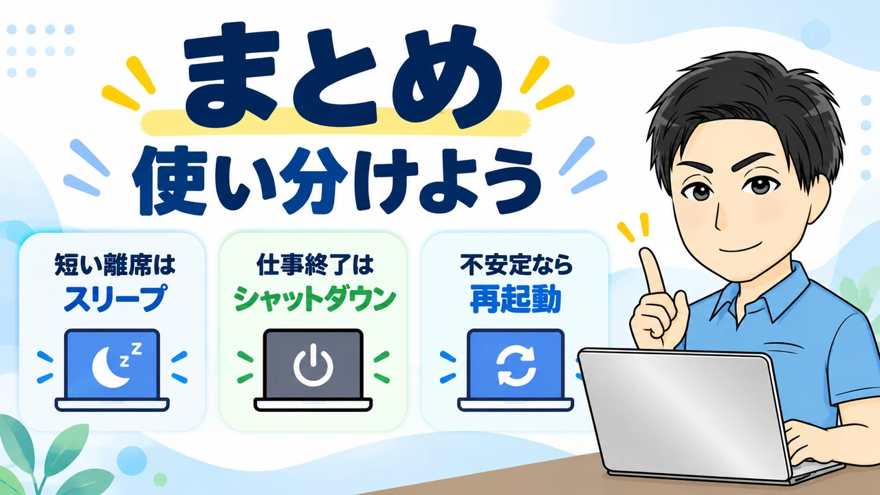 まとめ:短い離席はスリープ、仕事終了時はシャットダウンで使い分けよう