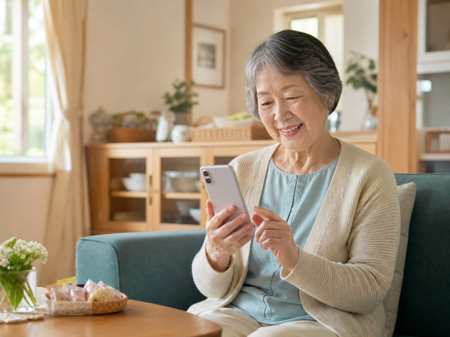 新しいスマートフォンを安心して使うシニア女性のイメージ