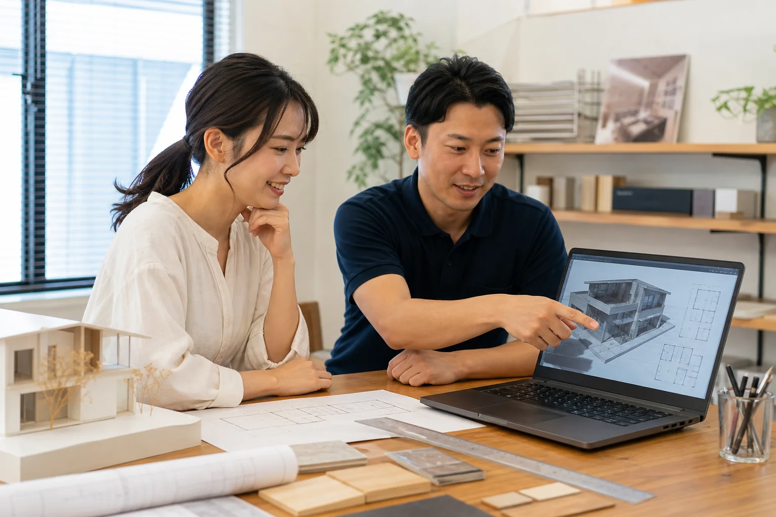 建築デザイン用ノートパソコンの動作を一緒に確認するイメージ