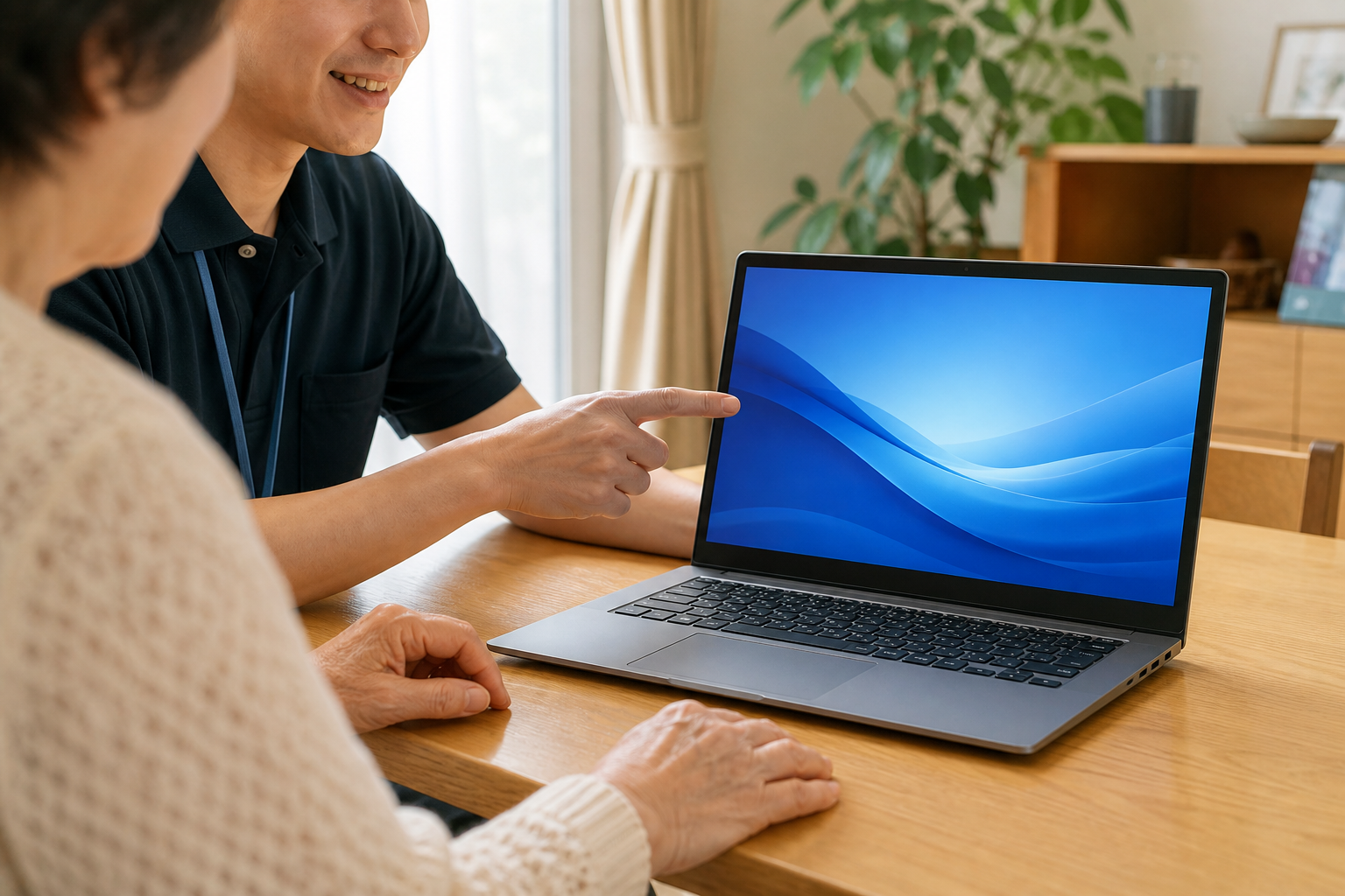 Windows 11へのアップグレード後にパソコンの画面を一緒に確認するイメージ